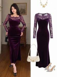 DAZY Women's Autumn Lace Patchwork Fishtail Thermal Lined Mid-Length Dress Prom Dress - Purple - View 11