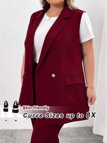 SHEIN CURVE+ 大尺碼翻領雙排扣背心西裝外套 工作服 畢業季返校穿搭 - 酒紅色 - 查看 2