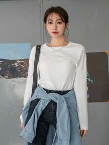 Dazy Tall 女款圓領長袖寬鬆版型基礎層內搭T恤 - 白色 - 查看 3