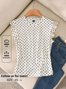 Story & Sage Casual Vacation Women's T-Shirt Spring Summer Fitted Polka Dot T-Shirt Ruffle Sleeve T-Shirt Black And White T-Shirt Elegant Office Business White Top - Black and White - View 2
