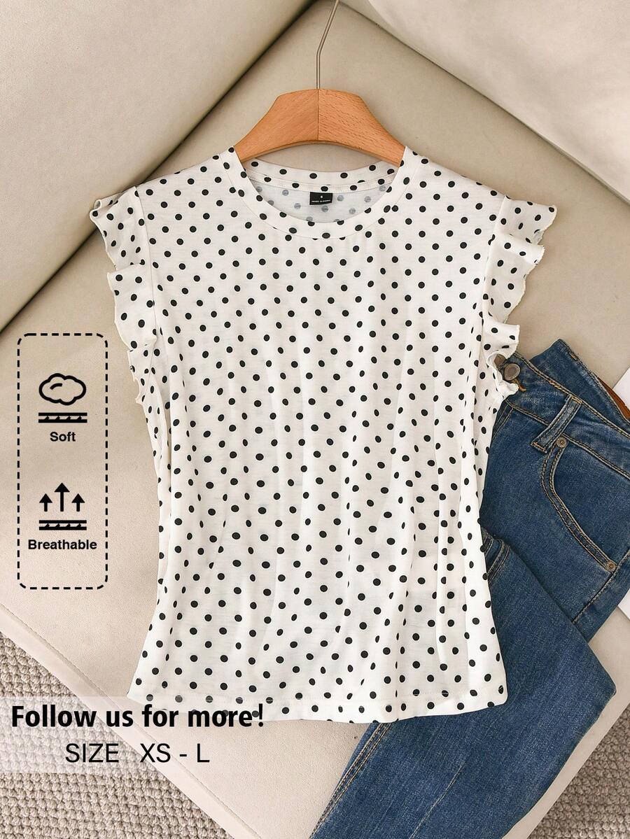 Story & Sage Casual Vacation Women's T-Shirt Spring Summer Fitted Polka Dot T-Shirt Ruffle Sleeve T-Shirt Black And White T-Shirt Elegant Office Business White Top