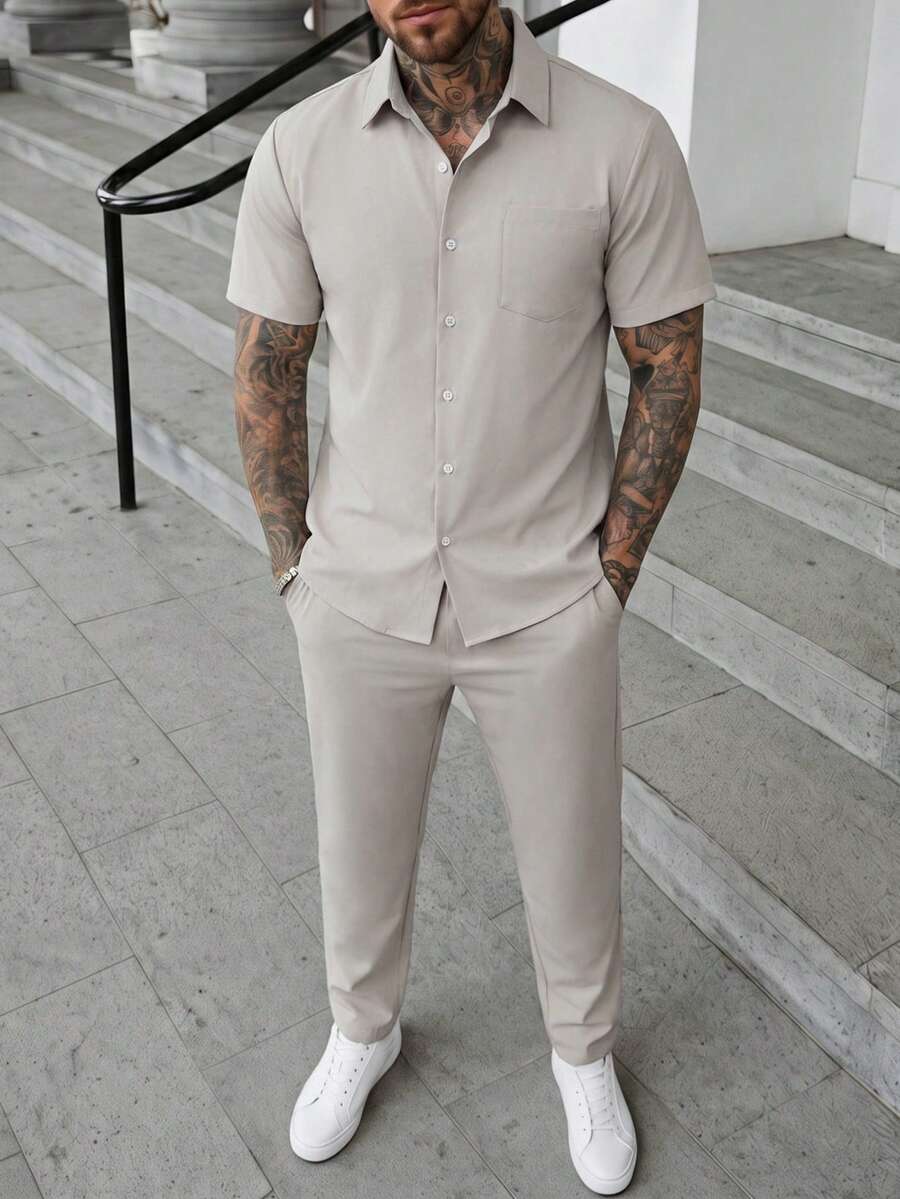Manfinity CasualCool 男士純色單排扣短袖襯衫與長褲休閒日常穿搭 - 灰色 - 查看 1