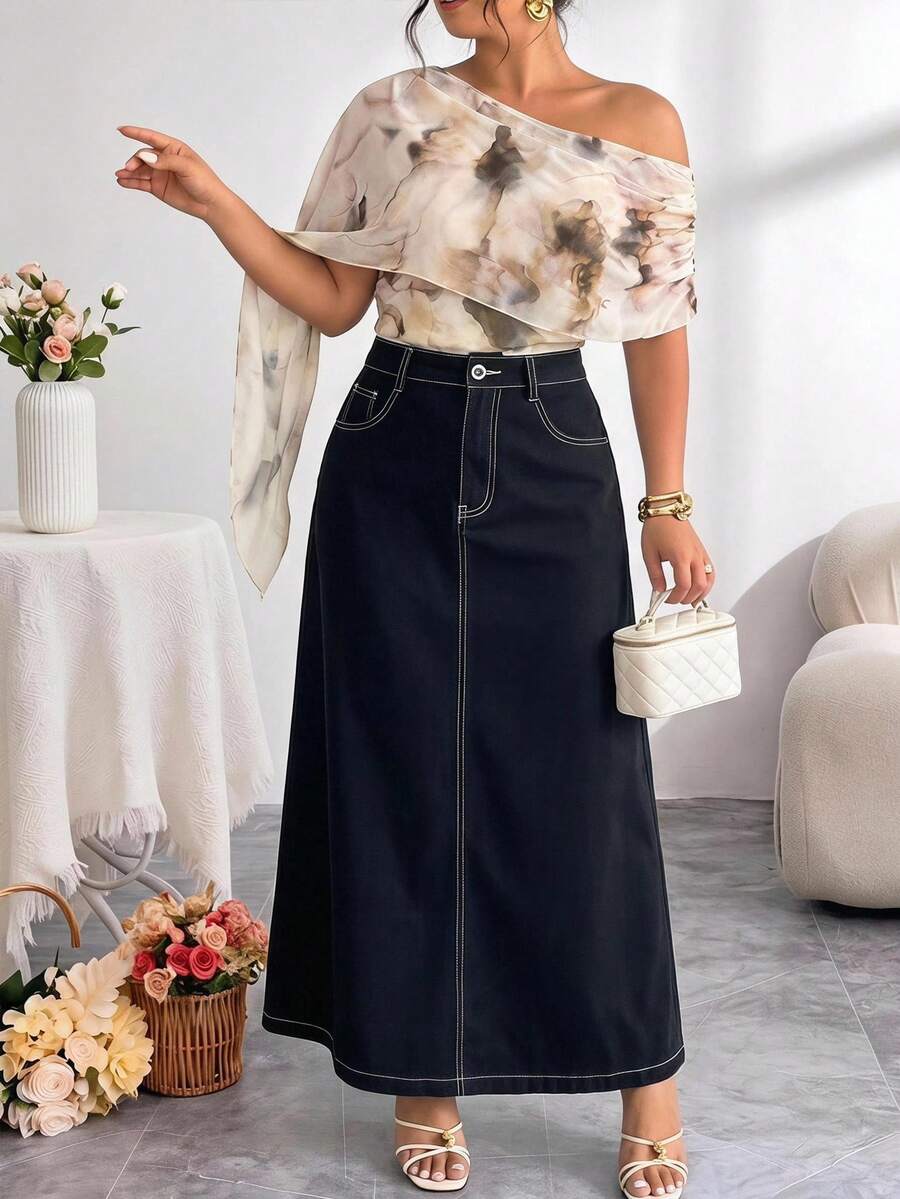 Modelyn Plus Size Women's High Waist Pocket Casual Commute Skirt