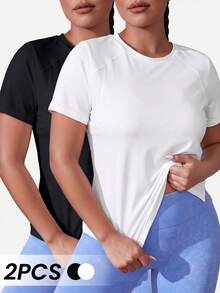 SHEIN Velisys 2pcs Casual Versatile Plus Size Short Sleeve Line Design Sports T-Shirt Set - Multicolor - View 1