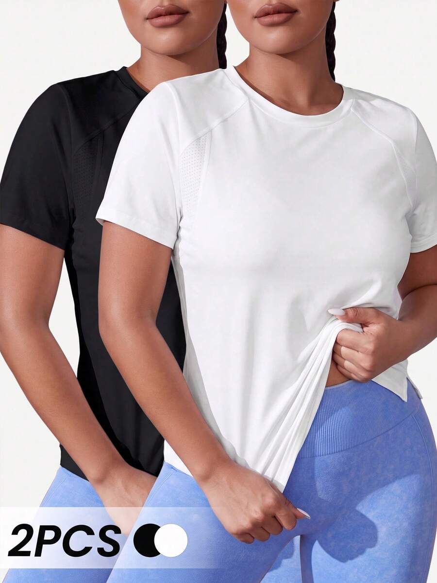 SHEIN Velisys 2pcs Casual Versatile Plus Size Short Sleeve Line Design Sports T-Shirt Set - Multicolor - View 1