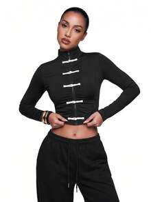 SHEIN ICON Chaqueta ligera de mujer con diseño de botones de rana, manga larga y cremallera delantera - Blanco y Negro - Ver 6