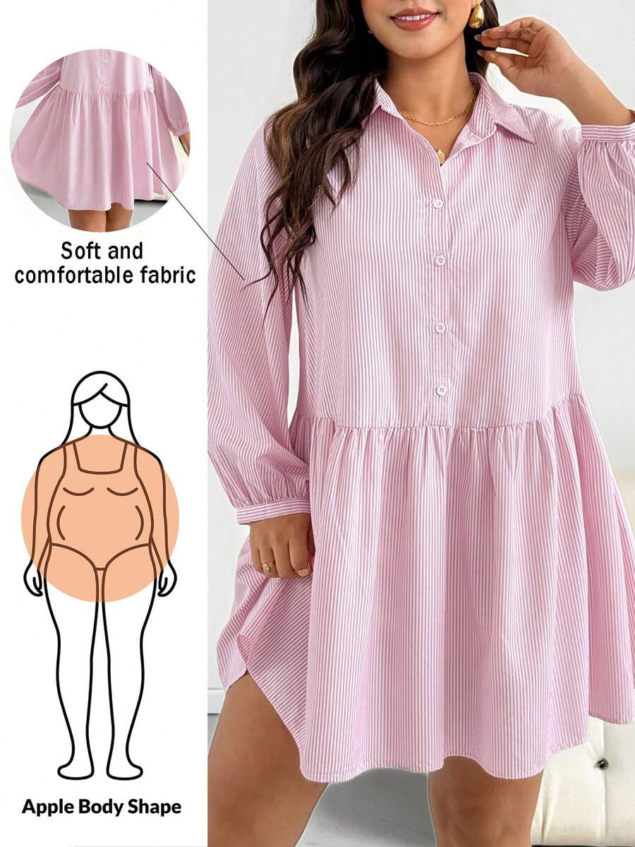 Shapeblank Plus Size Women's Autumn Casual Loose Lightweight Comfortable Slimming Allover White Long Sleeve Button-Up Shirt Dress Teachers' Day Brunch Office