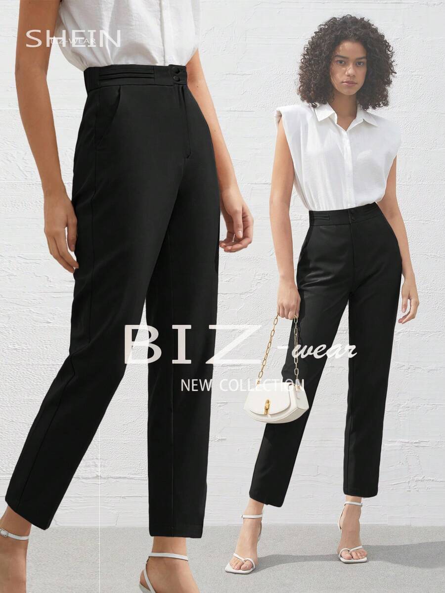 BizChic 2025秋季女款純色口袋直筒寬鬆休閒通勤長褲,浪漫優雅日常時尚百搭商務休閒通勤穿搭,優雅老錢風女式休閒辦公服飾,商務休閒教師穿搭 - 黑色 - 查看 1
