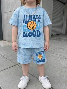 Young Boy Casual Minimalist T-Shirt Set, Classic Cool Handsome Pattern Print, Classic Bubble Letter Pattern Print, Classic Cute Face Pattern Print, Suitable For Spring And Summer - Multicolor - View 2