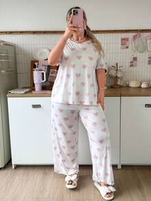 Slumberry CURVE Plus Size Women Sweet INS Heart Tulip Ditsy Floral Short Sleeve Long Pants Pajama Set - Pink - View 3
