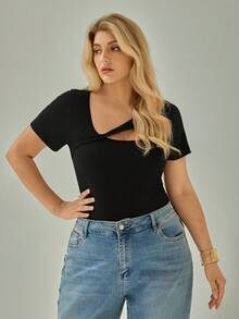 Shapeblank Women's Plus Size New Spring/Summer Fashionable Black Hollow-Out Slim Fit Short Sleeve T-Shirt, Versatile - Black - View 5