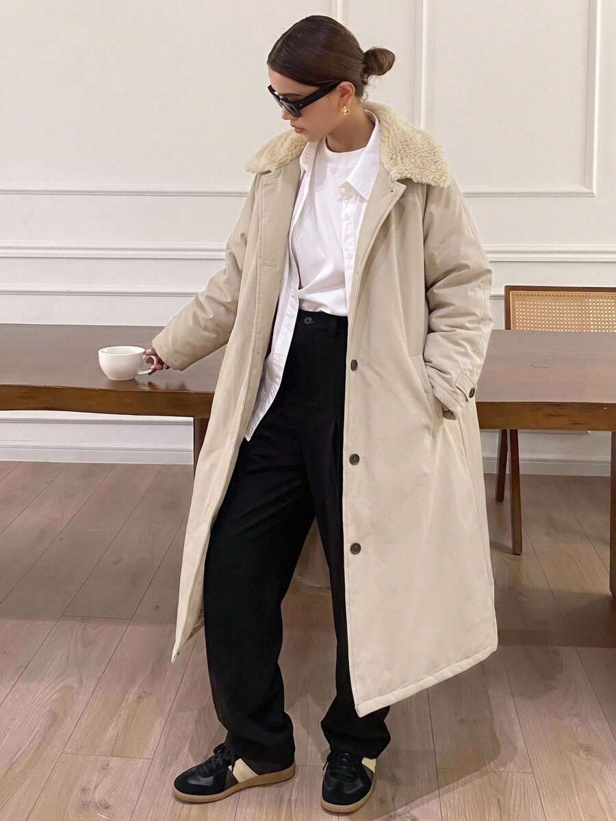 DAZY Women's Fashion Single-Breasted Long Sleeve Pocket Padded Coat Minimalist - Light Grey - View 1