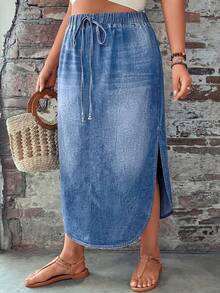 SHEIN LUNE Rok Denim Kasual Ukuran Besar dengan Potongan Melengkung - Medium Wash - View 6