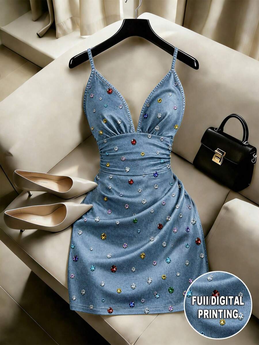 SHEIN Franclia 女款優雅香檳色波點彈性細肩帶抓皺腰身緊身迷你洋裝，夏季洋裝，女款夏季穿搭，春季穿搭，復活節洋裝，度假穿搭，派對洋裝，優雅派對洋裝，沙灘洋裝，婚禮賓客洋裝 - 藍色 - 查看 1
