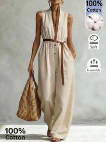Faunlyn Women's Casual Tropical Minimalist Sleeveless Jumpsuit For Vacation Beige Summer - Khaki - View 3