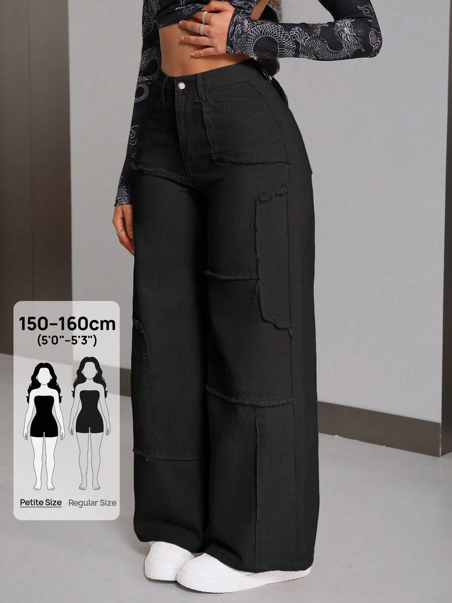 SHEIN PETITE 女款休閒純色毛邊直筒牛仔褲,小碼女款 - 黑色 - 查看 1