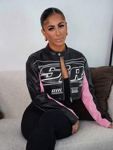 SAYEHFBABY Autumn And Winter Casual Street Motorcycle Style Round Neck Long-Sleeved Off-Shoulder Ultra-Cut Black Red PU Women's Jacket,Party Dresses For Pink - Pink - View 1