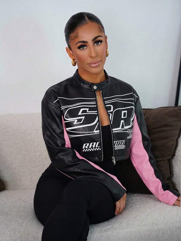 SAYEHFBABY Autumn And Winter Casual Street Motorcycle Style Round Neck Long-Sleeved Off-Shoulder Ultra-Cut Black Red PU Women's Jacket,Party Dresses For Pink
