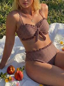 Swim Mod 2026 Plus Size Women 2 Pieces Vintage 1960s 1920s Polka Dot Print Bandeau Lace Trim Separates Swimwear Set, Beach Party Vacation, Summer Holiday Pearl - Multicolor - View 6