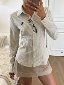SHEIN EZwear 米色格紋編織長袖單排扣女款襯衫，適合返校季、教師節、商務、日常、學校、辦公室，秋季 70 年代經典學院風 - 杏色 - 查看 8