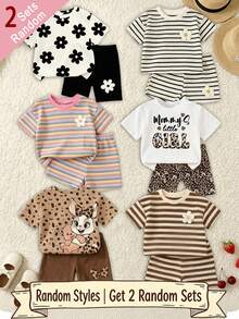 (Random Pattern, 1 Set Random) Summer Toddler Girls Colorful Striped Floral Leopard Cartoon Bunny Letter Print Basic Short T-Shirt & Cycling Pants Set - Multicolor - View 1