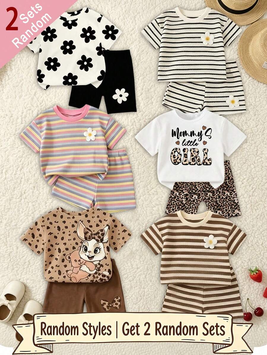 (Random Pattern, 1 Set Random) Summer Toddler Girls Colorful Striped Floral Leopard Cartoon Bunny Letter Print Basic Short T-Shirt & Cycling Pants Set - Multicolor - View 1