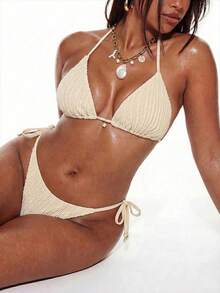 Oceva Plus Size Women's Solid Color Halter Tie Sexy Bikini And Triangle Panty Swimwear Set - Beige - View 1