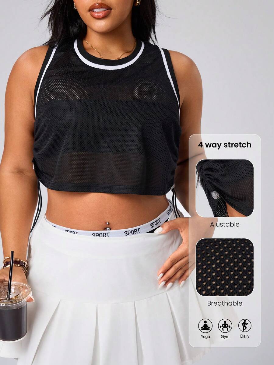 Seamluxe SHEIN Sport Débardeur de sport court avec cordon de serrage latéral pour femmes grandes tailles - Noir - Voir 1