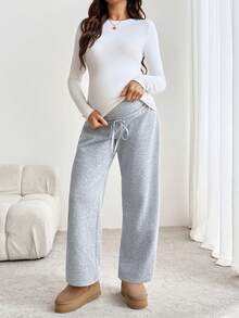 SHEIN Maternity Casual Versatile Solid Color Fleece Lined Sweatpants - Grey - View 7