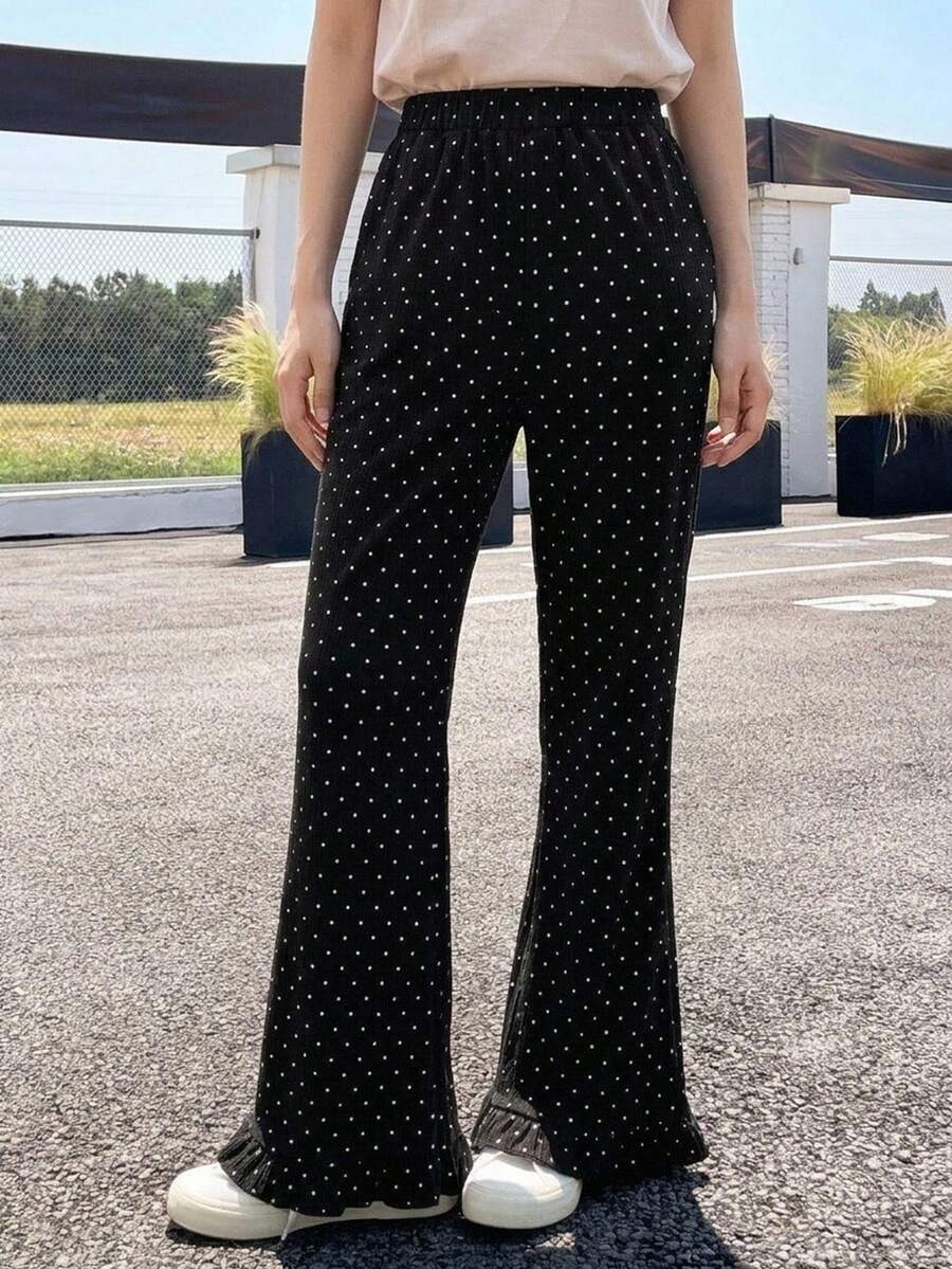 FRIFUL Women's Polka Dot Print Ruffle Hem Flare Leg Elegant Pants Summer - Black - View 1