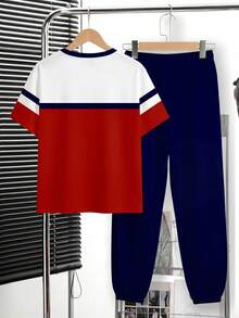 青少年男孩休閒舒適時尚簡約圓領短袖長褲T恤套裝，經典復古配色拼接圖案印花，精緻小Logo騎士圖案印花，適合秋冬，適合返校季 - 彩色 - 查看 3
