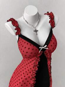 Sunspun Plus Size Fashion Minimalist Sexy Style Ruffle Lace Polka Dot Bowknot Dress - Red - View 6