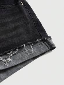 ROMWE Grunge Punk Solid Raw Hem Low Waist Denim Shorts, School - Black - View 4
