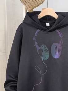 SHEIN Teen Boys Casual Loose Comfortable Colorful Graphic Print Autumn Hoodie & Sweatpants Set With Woven Label Decoration - Dark Grey - View 4