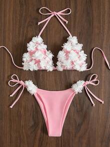 Swim Mod Vacation Beach Solid Color 3D Floral Decor Two-Piece Swimsuit Set - Pink - View 6