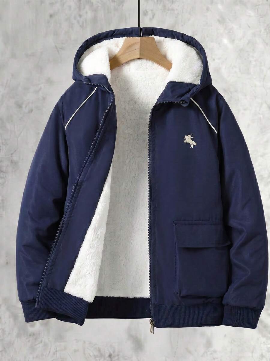 SHEIN 青少年男孩騎士印花長袖休閒保暖內裡連帽外套 - 黑色 - 查看 1