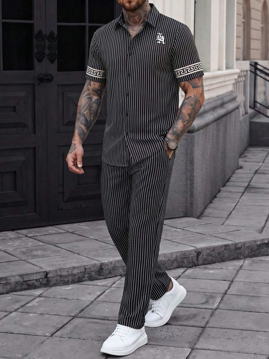 Manfinity CasualCool Men's Casual Set Featuring A Retro Plaid Pattern And Streetwear-Inspired Design - Black - View 1
