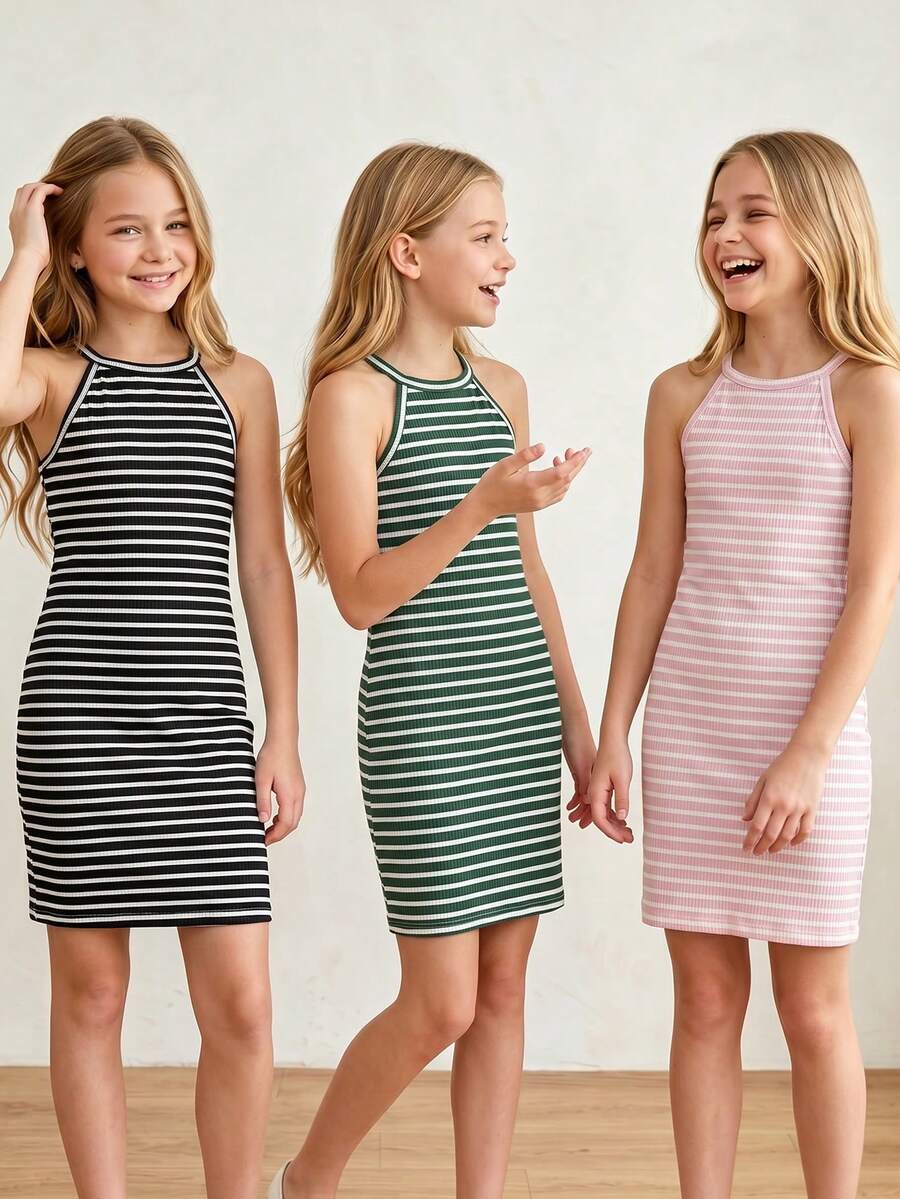 SHEIN 3件組女童休閒時尚簡約日常圓領掛脖無袖修身短款彩色條紋羅紋布料背心洋裝 夏季姐妹套裝