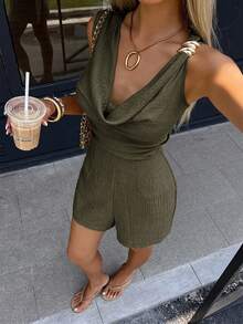 Siren Gaze Women's Elegant Commute Solid Color Cowl Neck Romper - Green - View 1