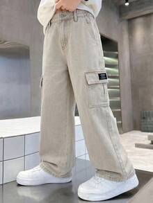 SHEIN Tween Boy Fashion Casual Vintage Y2k Basic Simple Mix And Match Loose Comfortable Straight Leg Jeans For Kids Clothes Boys Soft Dailywear And Kids Summer And Spring Clothes - Khaki - View 4