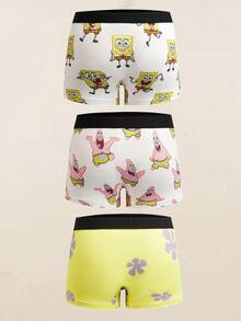 SpongeBob SquarePants | SHEIN Set de 3 calzoncillos tipo bóxer cómodos con cinta de contraste y diseño de dibujos animados lindos para niños pequeños - Blanco - Ver 2