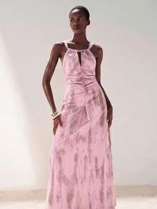 Frievida Purple Gradient Brushstroke Textured Satin Ruched Waist Spaghetti Strap Sleeveless Dress Minimalist Tropical European Elegant Commute Party Vacation - Pink - View 6