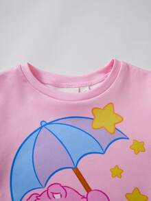 SHEIN X Care Bears Young Girl Cartoon Print Round Neck Short Sleeve Top And Plaid Shorts Loungewear Set - Pink - View 4