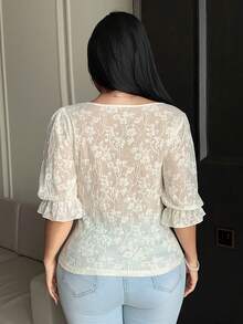Dazy Plus 蝴蝶結裝飾蕾絲泡泡短袖優雅百搭春夏杏色T恤 - 杏色 - 查看 3