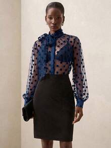 Briarwyn Women's Polka Dot Mesh Tie Neck Long Sleeve Loose Sheer Blouse - Navy Blue - View 3