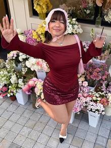 SHEIN EZwear 情人节大码女式露肩荷叶边不对称下摆优雅长袖衬衫 - 酒紅色 - 查看 5