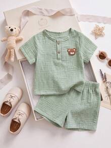 Souflis Souflis French Style New 2pcs Baby Boy Cute Casual Bear Print Short Sleeve Top And Pants Set - Green - View 1