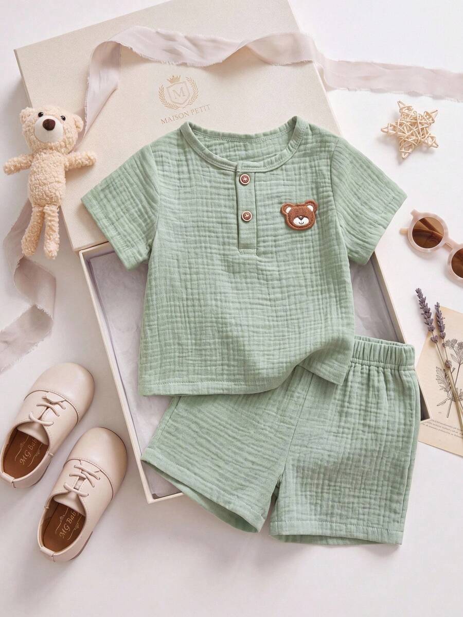 Souflis Souflis French Style New 2pcs Baby Boy Cute Casual Bear Print Short Sleeve Top And Pants Set - Green - View 1