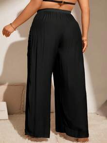 Swim Lushoire Plus Size Solid Color Side Slit Beach Cover Up Pants Summer - Black - View 2