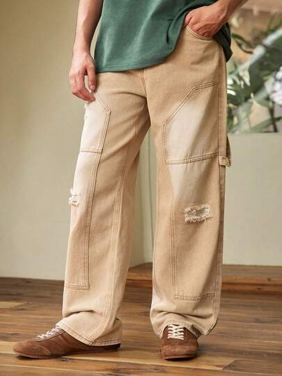 Whitmere Men's Fashion Distressed Patch Embroidered Wide Leg Jeans